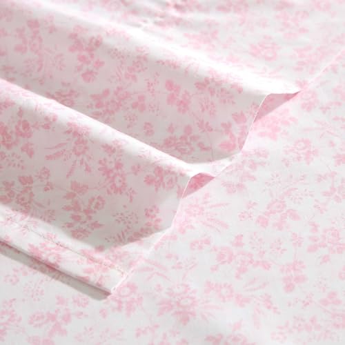 Image of Laura Ashley - Queen Size Sheet Set, Crisp & Lightweight Cotton Percale Bedding with Fitted Sheet and Pillowcases, Floral Room Decor, Deep Pocket, College Dorm Room Essentials (Floral Toile Pink)