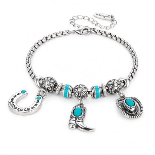 Montana West Wrangler Sliding Charm Bracelets for Women, Fixed Charms Western Turquoise Jewelry, Country Jewelry Sterling Silver/14K Gold with Gift Box-WG-AC-WB-3010-SL-TQ