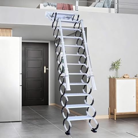 12 Steps Wall-Mounted Folding Stairs for Attic, Attic Ladder Pull Down System with Retractable Handrail& Pull Rod, Anti-Slip Steps, Attic Stairs for Home (Black-White, 9.6-10ft) Cover