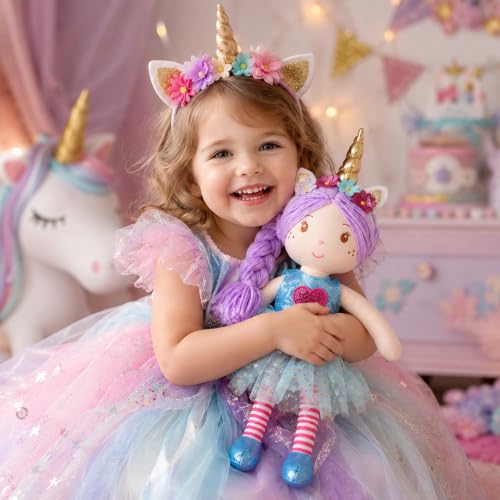 June Garden 16" Unicorn Doll Myra - Purple Hair Plush Rag Doll for Toddler Girls - Soft Companion Gift for 2+ Years - Blue Dress by June Garden - Used condition - Image 2