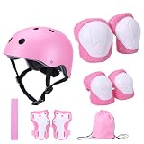 Vexnaro Equipo de Proteccion Infantil con Casco Ajustable,Protecciones para Niños (Rosa)
