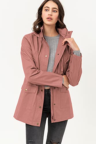 Lock and Love LL WJC1845 Women's Zip Up Safari Military Anorak Jacket with Hood Drawstring S MAUVE