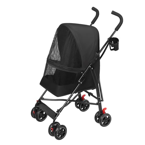 4 Wheels Pet Stroller, Foldable Dog Travel Carrier, Jogger Puppy Stroller for Small Medium Pets up to 19 lbs, Lightweight Pet Pushchair with Breathable Mesh Window, Sun Canopy Black