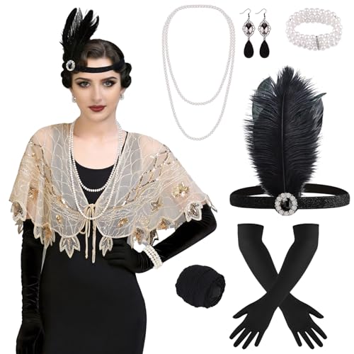 ELECLAND 10 Pieces 1920s Flapper Gatsby Accessories Set Fashion Roaring 20's Theme Set with Headband Headpiece for Women (Apricot Gold)