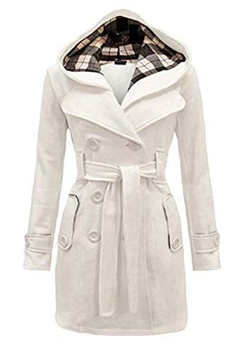 GORIFE Women Double Breasted Faux Fur Pea Coats Solid Thick Hooded Lapel Jackets With Belt