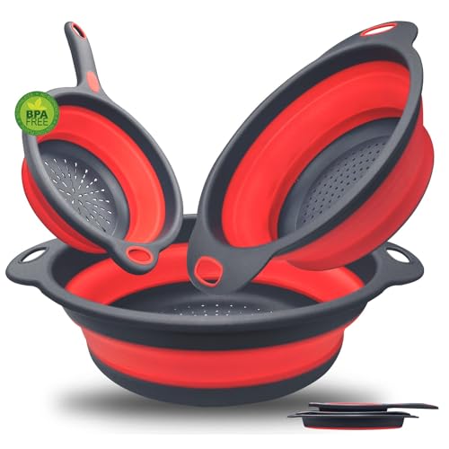 Walfos® Lot de 3 Passoires en Silicone Pliables - Panier de Cuisine Avec Poignée pour Pâtes, Fruits et Légumes - Rouge