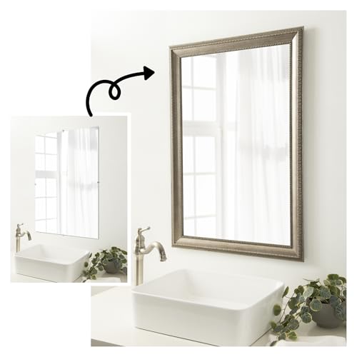 Amanti Art Mirror Makeover 36x36 Bathroom Mirror Frame Border Kit, Peel and Stick Wall Moulding Frame, Fully Assembled Black Border DIY Kit - Mirrored Glass NOT Included - Lyla Ornate Silver Trim