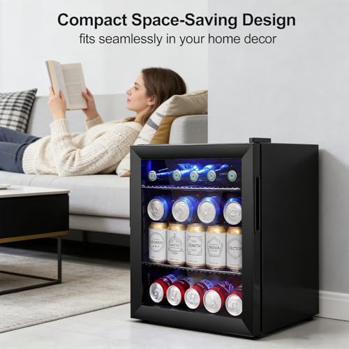 Image of Mini Beverage Refrigerator - Small Beverage Fridge with Glass Door for Soda Beer Wine - Countertop Drink Cooler for Home, Dorm, Office or Bar, Electronic Temperature Control，1.4cu.ft.Black
