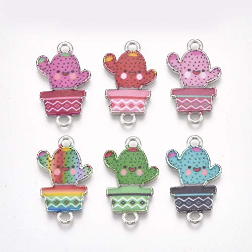 Pandahall 100pcs Alloy Enamel Cactus Links Mixed Color Printed Pendants 22x13x1.5mm Platinum Plated Plant Dangle Charms Bracelet Connector for Jewelry Making Hole: 1.6mm