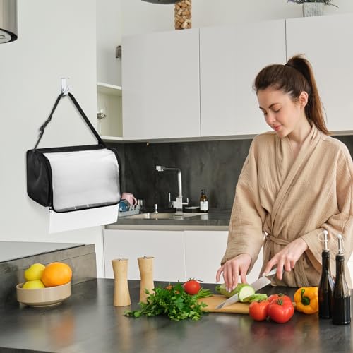 Kitchen Paper Towel Holder, Hanging Paper Towel Dispenser with Transparent Cover, Easy to Tear Papers Waterproof Papers Towels Holder for Kitchen Organization and Storage (Black)