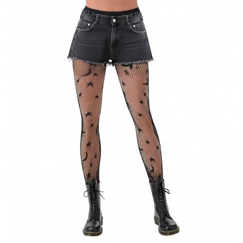 Quilax Patterned Tights, Moon Star Fishnet Stockings for women, Funky Tight Fishnets for Halloween Party, Cosplay, and Everyday, Wear Match Dresses, Miniskirts, Denim Shorts (Black)