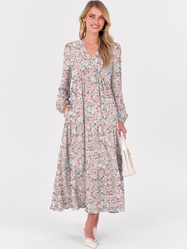 ANRABESS Womens Long Sleeve Boho Maxi Dress 2026 Fall V Neck Floral Striped Casual Loose Fit Beach Vacation Dresses Floral Orange White Large — view 2