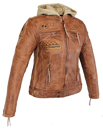 EURO STARS Veste de motard en cuir marron avec capuche et protections, veste de moto pour femme, veste en cuir pour femme (marron, x_l)