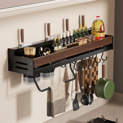 Étagère à épices murale en noyer et inox 50 cm B avec crochets pour cuisine - 7