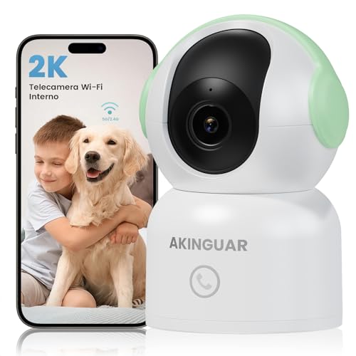 AKINGUAR Telecamera WiFi Interno, 2K HD Videocamera di Sorveglianza, Visione a 355°, Visione Notturna, Tracciamento del Movimento con Rilevamento di Persone, Audio Bidirezionale, Verde