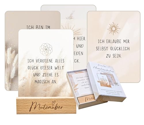 Mutzauber® 40 Affirmationskarten inkl. Box + Holzständer 10x12cm Motivationskarten Achtsamkeit für Erwachsene für positive Gedanken, Selbstliebe, FSC-zertifiziert (Motivation & Positivität)