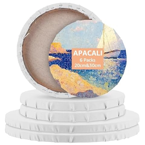 APACALI 6 sztuk okrągłych płócien, Ø 30 cm i Ø 20 cm, wstępnie naciągnięte okrągłe płótna do malowania, naciągnięte płótno, okrągłe płótna, płótna do malowania akrylowego, obrazów olejnych, szkiców i