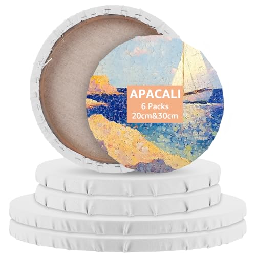 APACALI 6 sztuk okrągłych płócien, Ø 30 cm i Ø 20 cm, wstępnie naciągnięte okrągłe płótna do malowania, naciągnięte płótno, okrągłe płótna, płótna do malowania akrylowego, obrazów olejnych, szkiców i