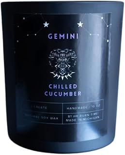 Gemini Zodiac Chilled Cucumber Scented Candle, Natural Soy Wax with Wood Wick, 10 oz, Handmade