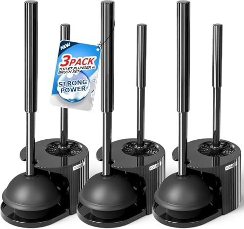 Image of FORASTO 3Pack 2 in 1 Toilet Brush and Plunger Set, Extended Handle Plunger,Toilet Bowl Brush Plunger Set,Bathroom Cleaning Tools,Toilet Brush Plunger Combo,Cleaning Supplies,Black