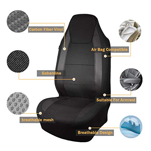 Flying Banner car seat Covers Quality Carbon Fiber Air Mesh Fabric Sport Low High Back Bucket Back Pocket Arm Rest (2 Fronts - High Bucket, Black) by Flying Banner - Image 2