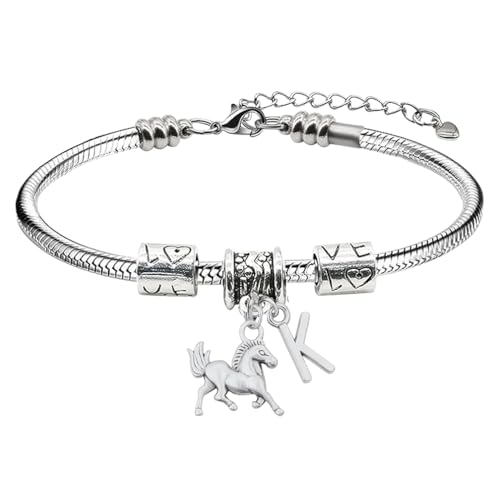 Infinity Collection Personalized Equestrian Charm Bracelet with Letter Charm – Custom Horse Lover Jewelry Gift for Women & Cowgirls – Adjustable Snake Chain Horse Bracelet with Initial
