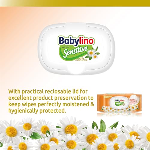 Chusteczki dla niemowląt Babylino Sensitive o delikatnym zapachu rumianku, 98% naturalna formuła przywracająca pH skóry, 1 opakowanie z zamknięciem utrzymującym świeżość, 54 chusteczki