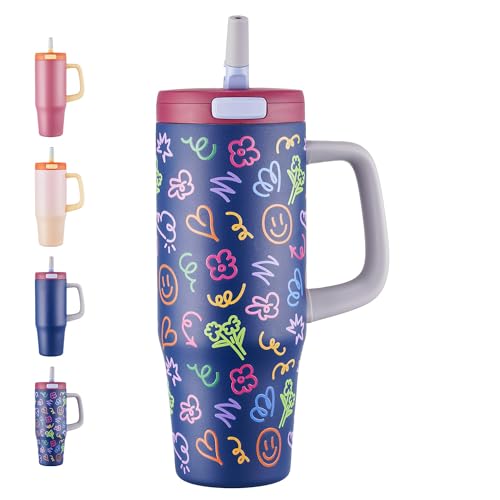 Image of Fijinhom 32 oz Tumbler with Handle, 304 Stainless Steel Insulated Water Bottle Keeps Cold 24 Hours, Water tumbler with flip straw, Insulated Coffee Mug, Travel Cup for Sports & Gifts, Blue Graffiti