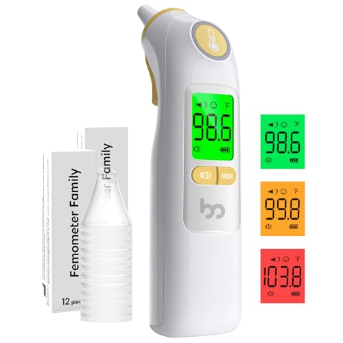 Image of Femometer Family Ear Thermometer, Highly Accurate Ear Thermometer for Kids, Adults and Babies, 30 Memory Recall, 1s Result and 3-Color Fever Alert, with 24 Disposable Probe Covers, Yellow