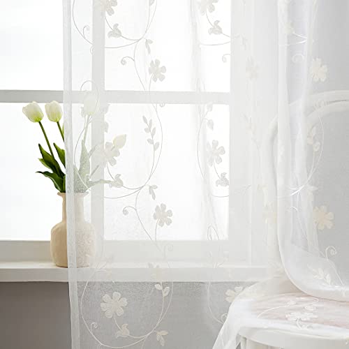 Sheer Curtains 96 Inches Long 2 Panels, Sheer White Floral Embroidered Curtains For Living Room, Rod Pocket Semi Sheer Window Curtain Panels Airy - Breathable For Kitchen, Bedroom, White, 52 X 96 Inch #TOP6