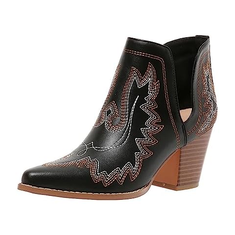 SelRoys Cowboy Boots for Women Cowgirl Ankle Western Embroidered Stitched Pointed Toe Cutout Chunky Heels Short Booties Red Brown Black US5-11, black, 7 Cover