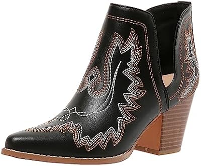 SelRoys Women's Cowboy Boots Cowgirl Ankle Pointed Toe Chunky Heel Cutout