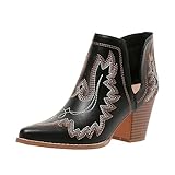 Cowboy Boots for Women Cowgirl Ankle Western Embroidered Stitched Pointed Toe Cutout Chunky Heels Short Booties Red Brown Black US5-11, black, 7