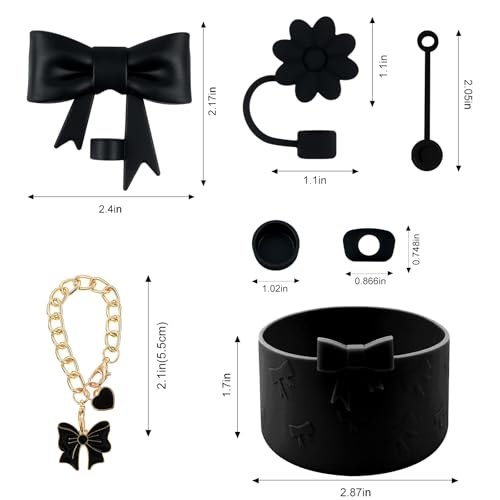 Hpebl 7Pcs Black Cup Accessories for Stanley Cups 40/30oz with Handle Including Bow Silicone Straw Cover Topper Boot Spill-Proof Stopper Set Bow Handle Charm for Stanley Tumbler Accessories — view 3