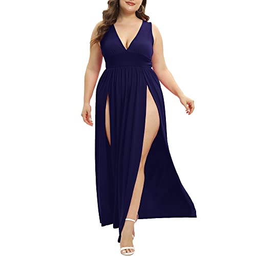 Image of SILUI Women's Summer 2026 Sexy Double High Slit Deep V Neck Plus Size Sundresses Thigh Split Maxi Club Party Dresses