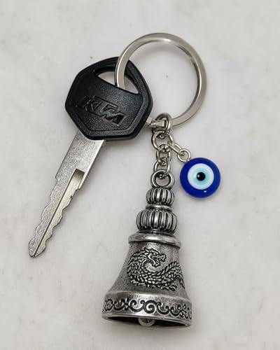 Image of Guardian Bell Keychain, Silver, Metal, Good Luck Charm with Evil Eye Nazar, for Bike & Motorcycle