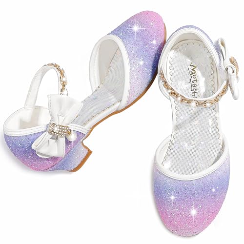 Image of Motasha Sparkly Girls Dress Shoes Kids High Heels Toddler to Big Kid | Glitter Closed Toe, Rhinestone Bow Straps, Hook-and-Loop Closure, Low Heel, Anti-Slip Outsole for Wedding Birthday Parties