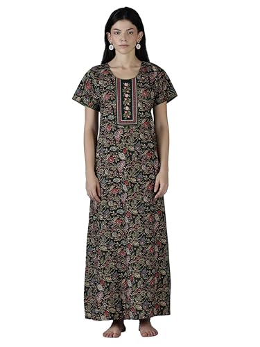 Image of 9shines Label Stylish Pure Cotton Nighty Maxi for Women | Embroidery Neckline Nightgown | A-Line Nightdress with Pocket | Floral Night Gown| Soft Comfortable Cotton Sleepwear (Cotton Yoke)