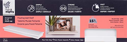 Image of HIGH & MIGHTY 515604-HSU Decorative 18 inch Floating Shelf Holds up to 15lbs, Easy Tool-Free Dry Wall Installation, Beveled, Retail Pack of 2, White