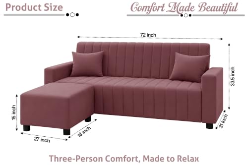 Image of Amazon Brand - Solimo 3 Seater Wooden Sofa with Ottoman | Velvet Fabric Sofa Set for Living Room | Comfortable Cushioned Couch with Footstool | Stylish Home Furniture-Rose-Pink