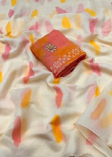 Image of Women's Linen Cotton Blend Saree Multicolor Ikat Brush Print Scalloped Border with Floral Print Unstitched Blouse Piece