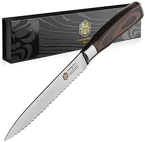 KESSAKU Serrated Utility Knife - 5.5 inch - Samurai Series - Razor Sharp Kitchen Knife - Forged 7Cr17MoV High Carbon Stainless Steel - Wood Handle with Blade Guard