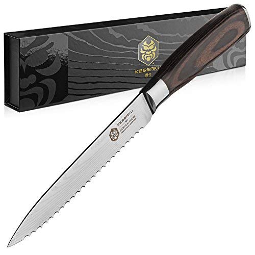 Kessaku Serrated Utility Knife - 5.5 Inch - Samurai Series - Razor Sharp Kitchen Knife - Forged 7Cr17Mov High Carbon Stainless Steel - Wood Handle With Blade Guard #TOP19