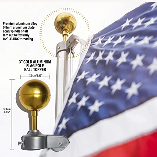 Kleeklea Flag Pole Hardware Parts Repair Kits, Flag Pole Kit,Including 3" Topper Gold Ball+50 Ft Halyard Rope+Cleat Hook+4-Flag Swivel Snap Hooks+Flagpole Pulley Truck For 2"  Od Tube #TOP2