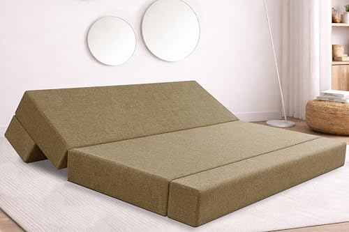 Image of Rosebell Four Seater Foldable Sofa Cum Bed (6x6 Feet) ? Jute Fabric, Washable Removable Cover, Includes Cushion | Space Saving Convertible Sofa Bed for Home, Office & Guests - Golden