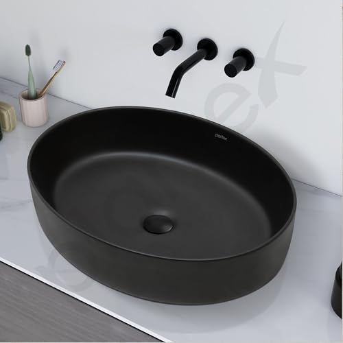 Image of Plantex Ceramic Washbasin for Bathroom /Countertop Bathroom Basin /Oval Tabletop Wash Basin for Office /Restaurant (Charcoal Black - 21.5 x 16 x 5 Inch)
