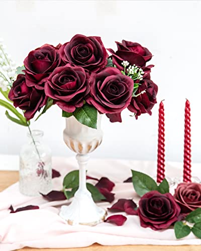 DuHouse 10Pcs Artificial Roses Fake Silk Flowers Realistic Bridal Bouquets with Single Long Plastic Stems for Arrangement Wedding Table Centerpiece Party Home Decor(Burgundy-Long Stem) - Image 3