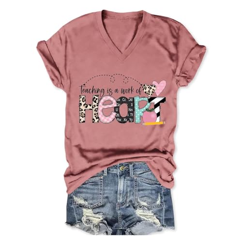 UFDOUM Teacher Shirts Women Teaching is a Work of Heart V Neck Cute Leopard Graphic Tees T-Shirt School Teacher Life Tshirt