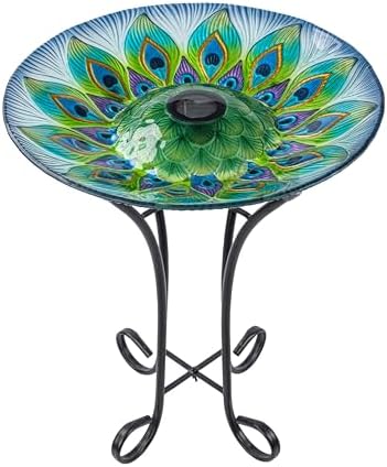 Teamson Home 17.8 in. Round Fusion Glass Birdbath with Peacock De...