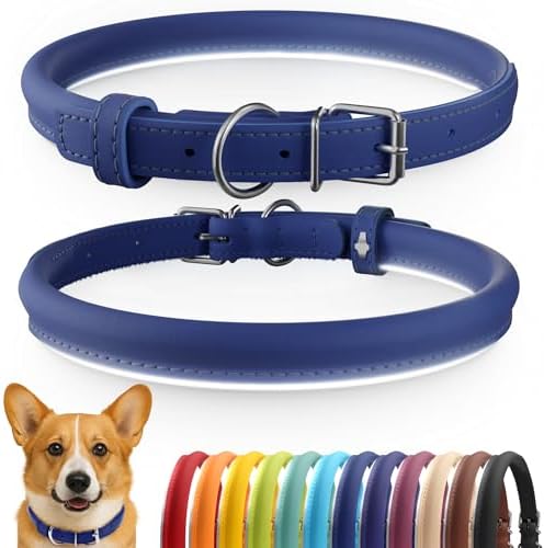 CollarDirect Rolled Leather Dog Collar, Soft Padded Round Puppy Collar, Handmade Genuine Leather Collar Dog Small Large Cat Collars (Deep Blue Smooth, 35-40 cm)